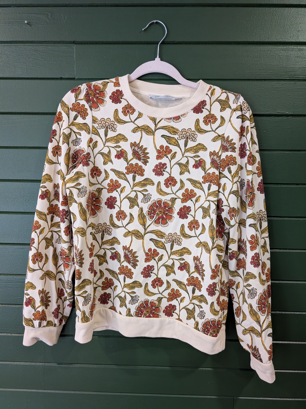 Simons Cream Crewneck Sweater with Rust Floral & Olive Leaves